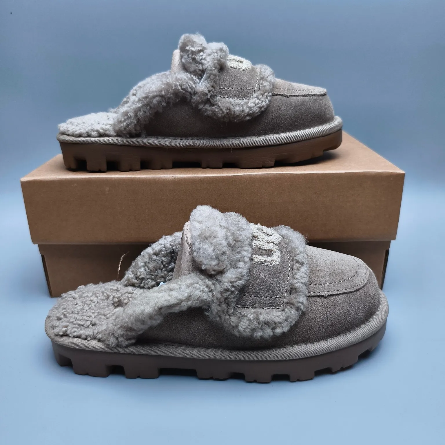 💰440 UGG sheepskin all-in-one snow boots 1206 curly large LOGO casual fur mop Color: maroon sand antelope brown Size: 35-40